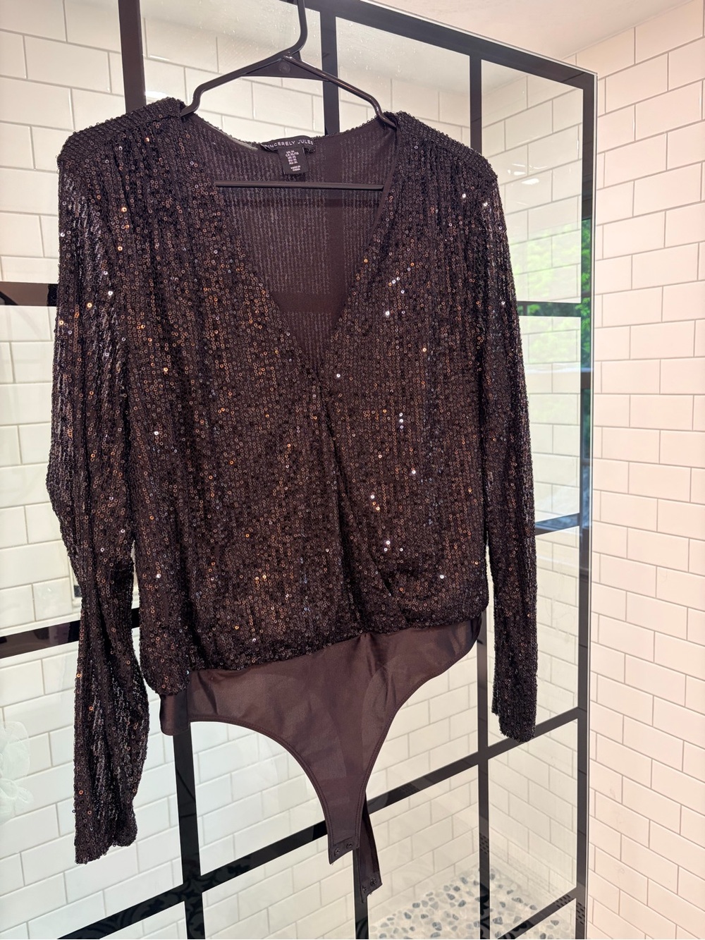 Black Sequin Surplice Bodysuit Top
